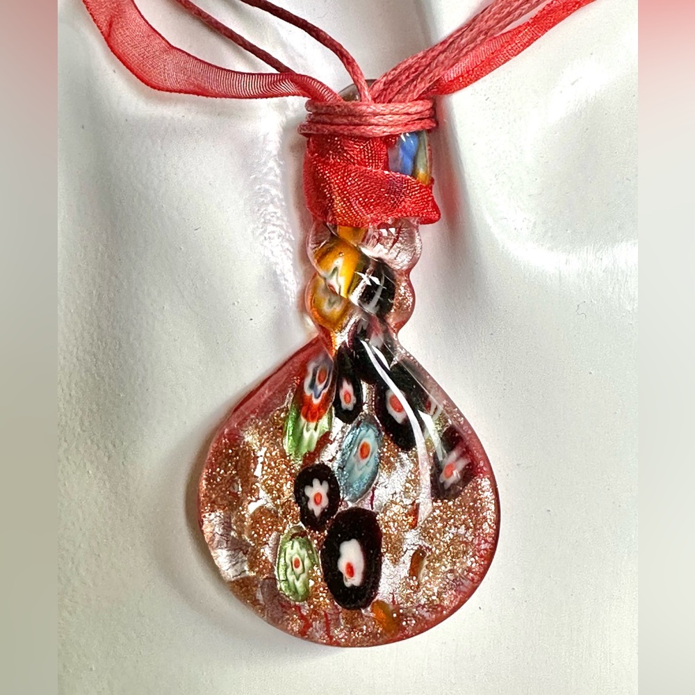 handblown milefiore glass pendant Italian tiny flowers silk cord lobster clasp